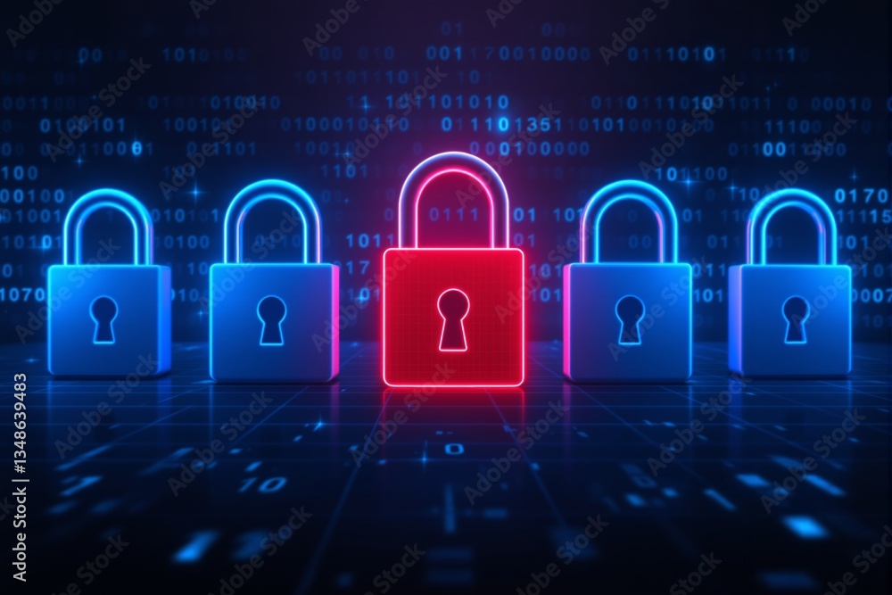 Poster cybersecurity concept with glowing padlocks in digital space.