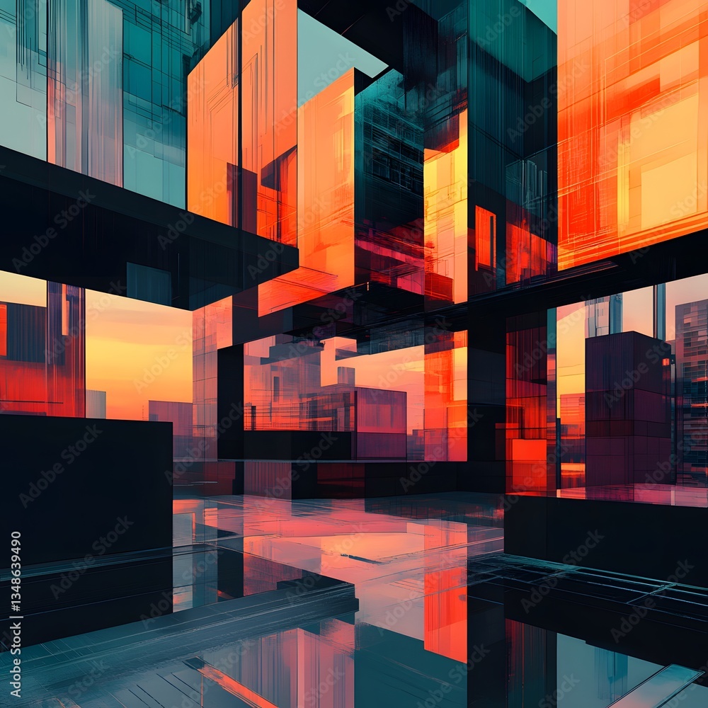 Poster abstract architectural forms create a colorful reflective urban environment