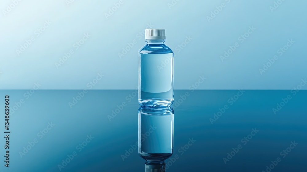 Poster a clear plastic bottle with soft lighting casting reflections, isolated with copy space to emphasize