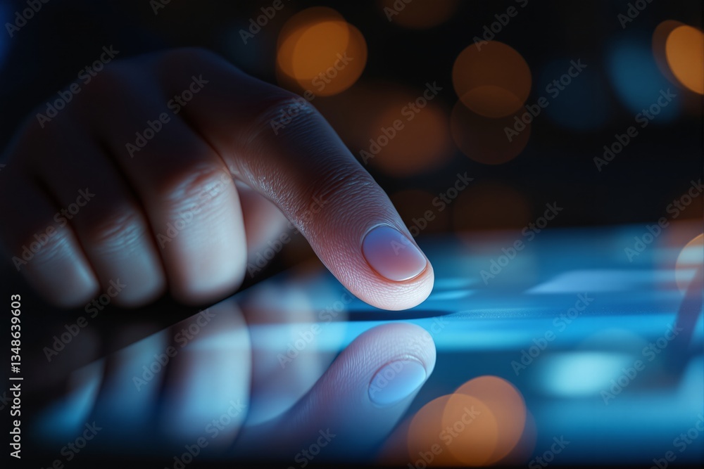 Poster Close-up of a finger touching a touchscreen device in a dimly lit environment.