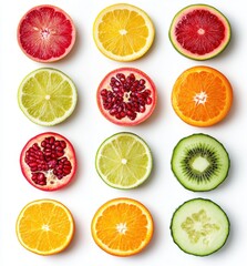Obraz premium Vibrant Assortment of Freshly Sliced Citrus Fruits and Juicy Pomegranate Seeds on a Clean Background for Healthy Lifestyle Concepts