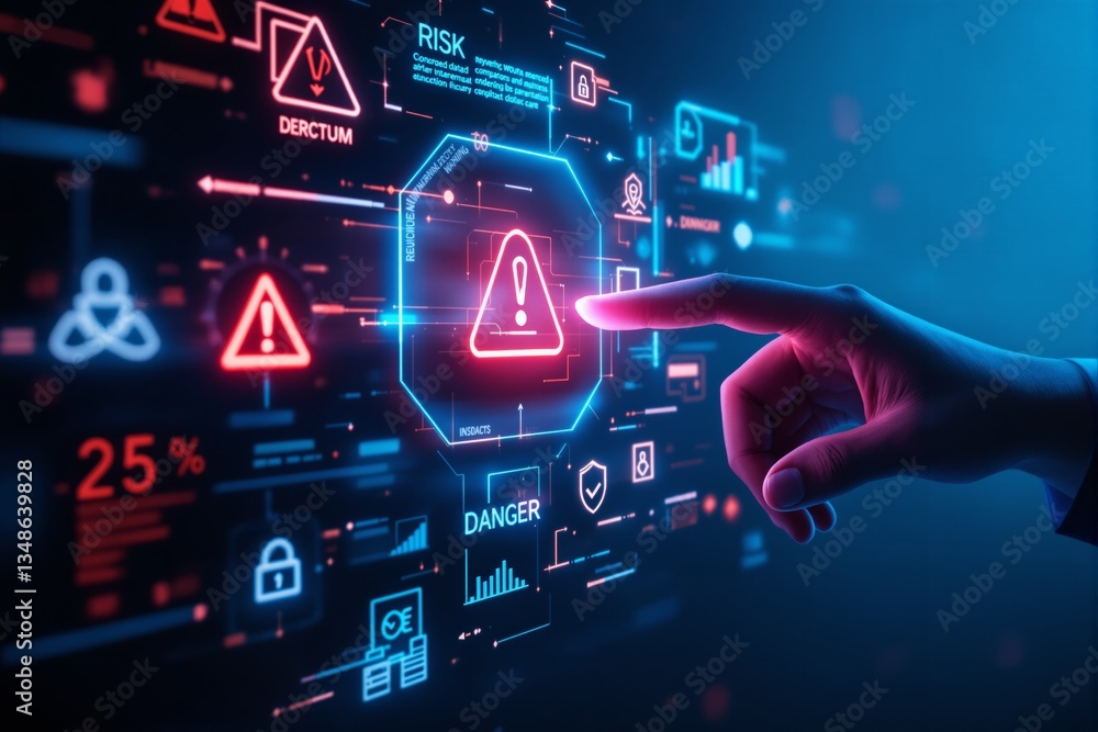Poster cybersecurity warning interface with hand interacting on digital screen.