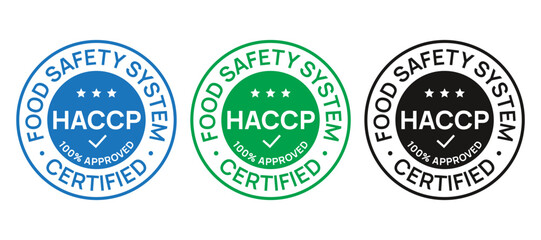 HACCP certified badge. Certificate round stamp. Hazard analysis and Critical Control Points emblem. Food safety system sticker. Quality warranty icon isolated on white background. Vector illustration.