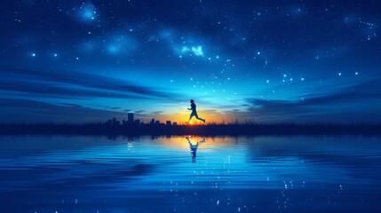 Fototapeta premium Athlete running on a glowing cyberpunk track at night, neon reflections