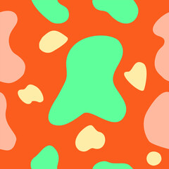 Abstract seamless pattern with organic blobs in green, beige, and pink on an orange background. Playful and modern, perfect for textiles, wallpapers, and digital designs.