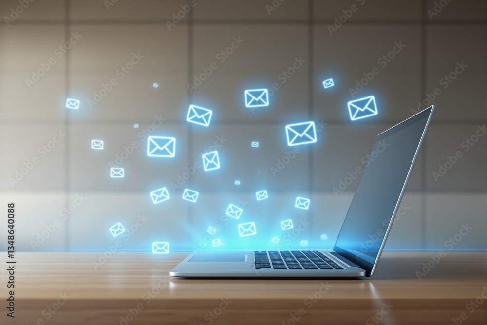 Poster digital communication concept with glowing email icons emerging from a laptop on a wooden table. fut