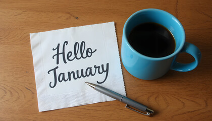 A blue coffee mug sits next to a piece of white napkin with the text 'Hello January'