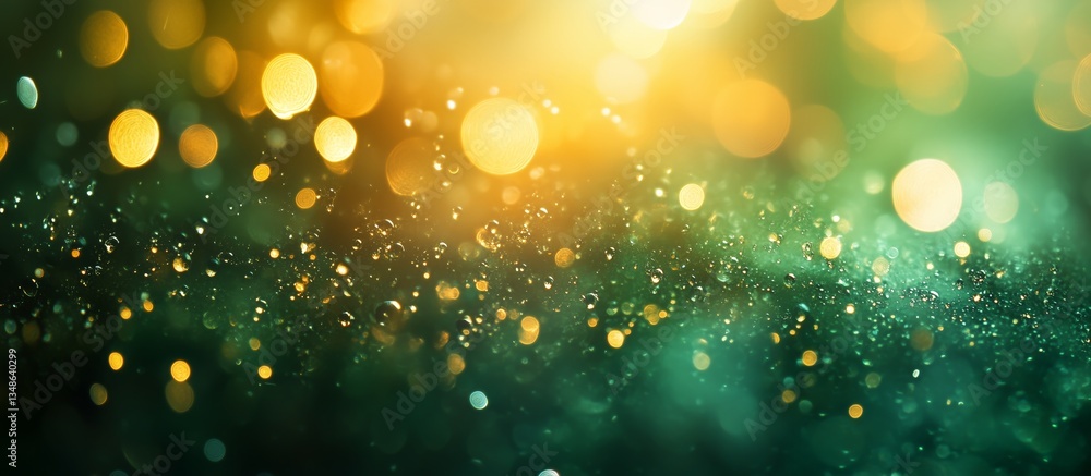 Poster abstract bokeh light background in shades of gold and green with soft focus.