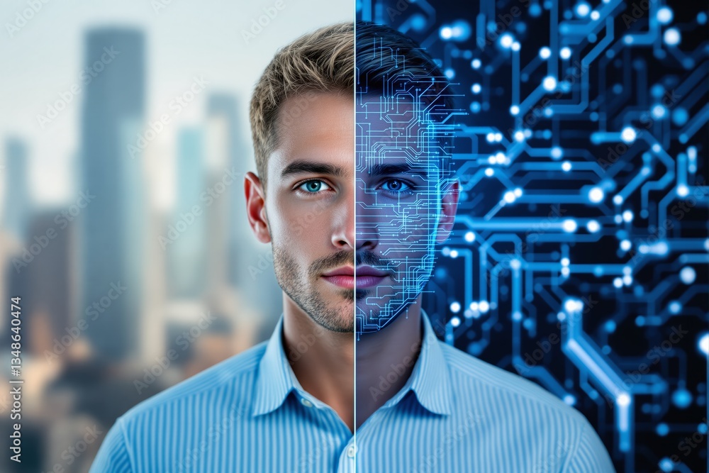 Poster futuristic concept of human and artificial intelligence integration.