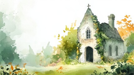 Naklejka premium A quaint, overgrown stone chapel surrounded by lush greenery, exuding a serene and mystical atmosphere in a watercolor style.