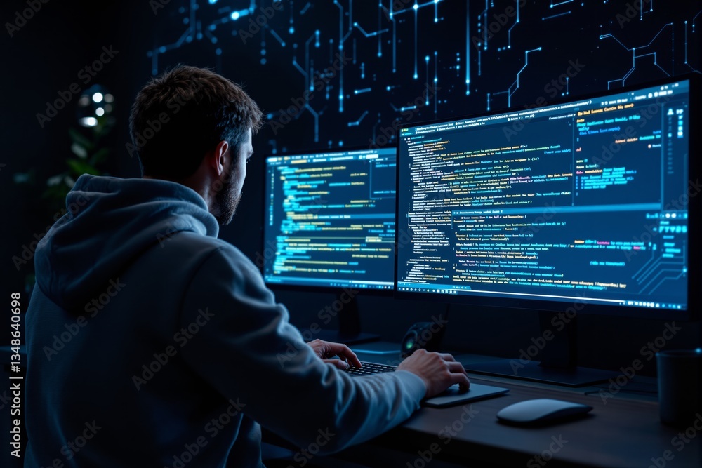 Poster Programmer working on dual monitors with code in a futuristic tech environment.
