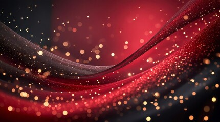 Deep dark red background with a smooth gradient. Scattered bokeh lights give the image elegance and sophistication. Delicate gold and dark red sparkles enhance the luxury effect.