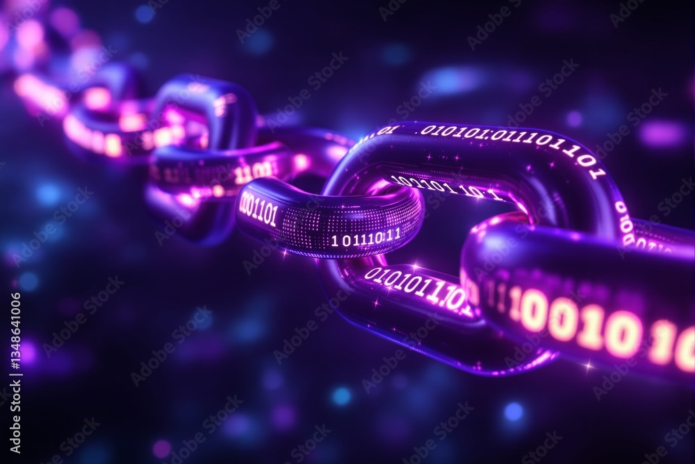 Fototapete futuristic glowing blockchain chain links with binary code.