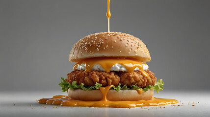 A pulled pork sandwich and a cheeseburger on a wooden table and black background with lettuce tomato and onion