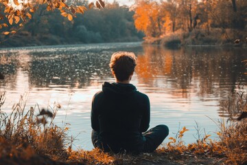 A person sits quietly by a river, listening to the gentle flow of water. They smile softly, feeling thankful for natureâ€™s peace