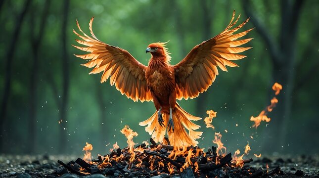 phoenix bird emerges from flames amidst a forest, symbolizing climate change