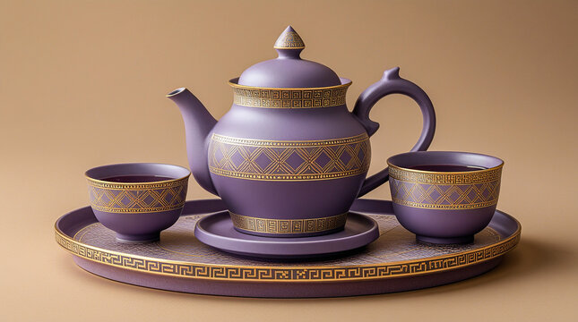 A highly detailed purple and gold pattern teapot set for tea servings 