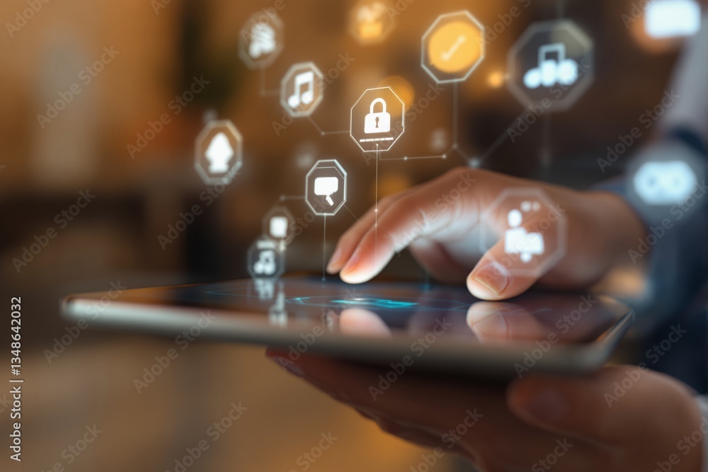 Aufkleber futuristic digital interface on tablet with glowing technology icons.