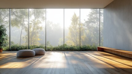 Minimalist empty room design with large windows and natural light in neutral tones for residential interiors
