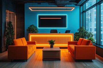 Modern Office Lobby with Neon Lighting and Orange Couches