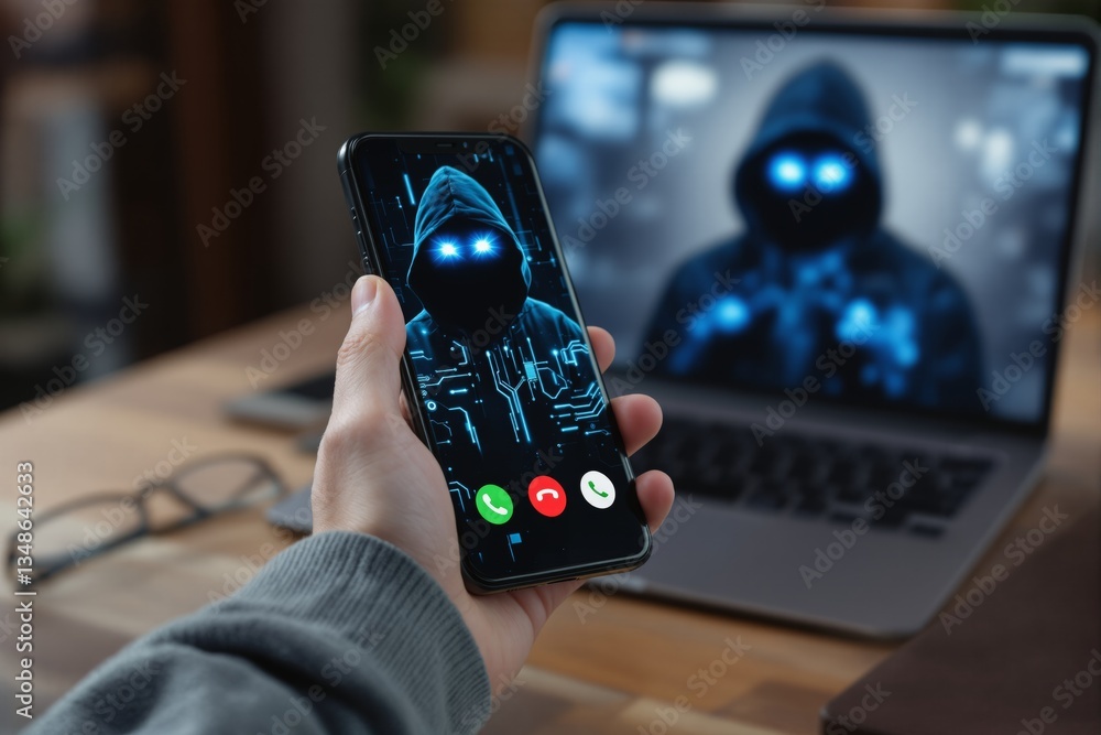 Poster Hacker calling a smartphone with a hooded figure on screen.
