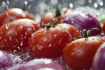 Fresh tomatoes and red onions with water droplets in close-up