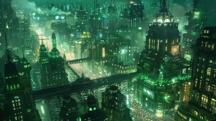 Aerial view of a futuristic green city at night with train traffic