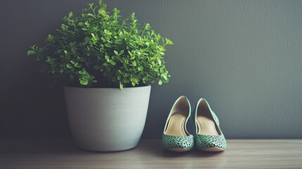 Green Shoes and Potted Plant on Wooden Surface