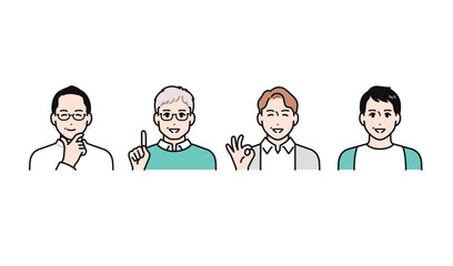 笑顔で喜ぶミドル男性4人のシンプルなベクターイラストセット