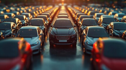 Endless Rows of Gleaming Cars at Sunset