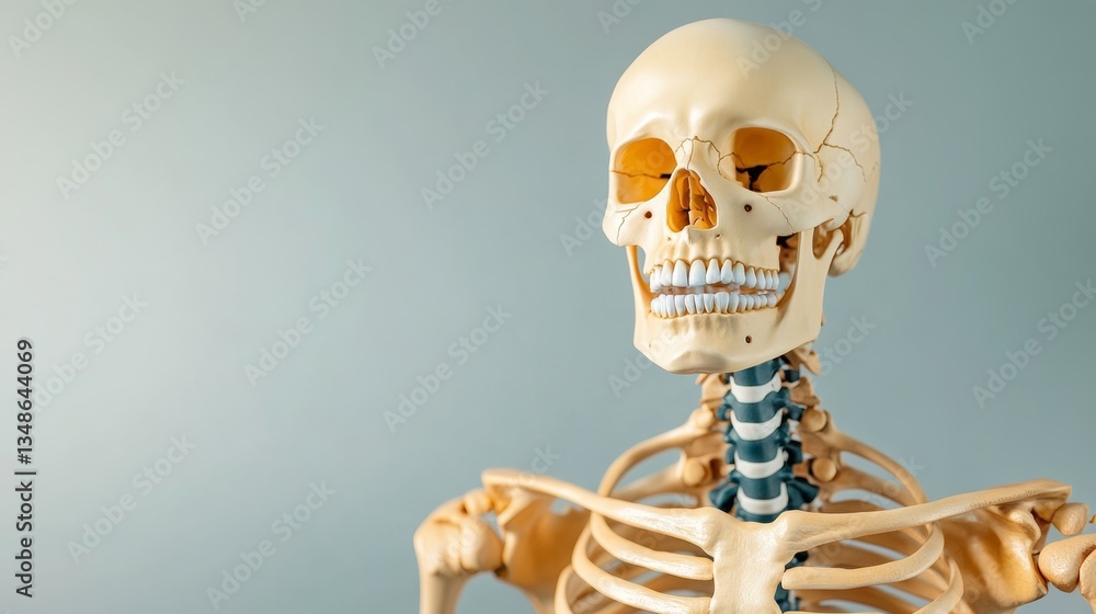 Poster skeleton is shown with its head turned to the side. the skeleton is posed in a way that makes it loo