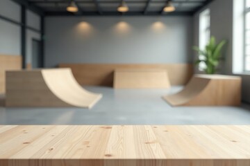 Fototapeta premium A clean wooden surface overlooks an indoor skatepark with ramps and natural light