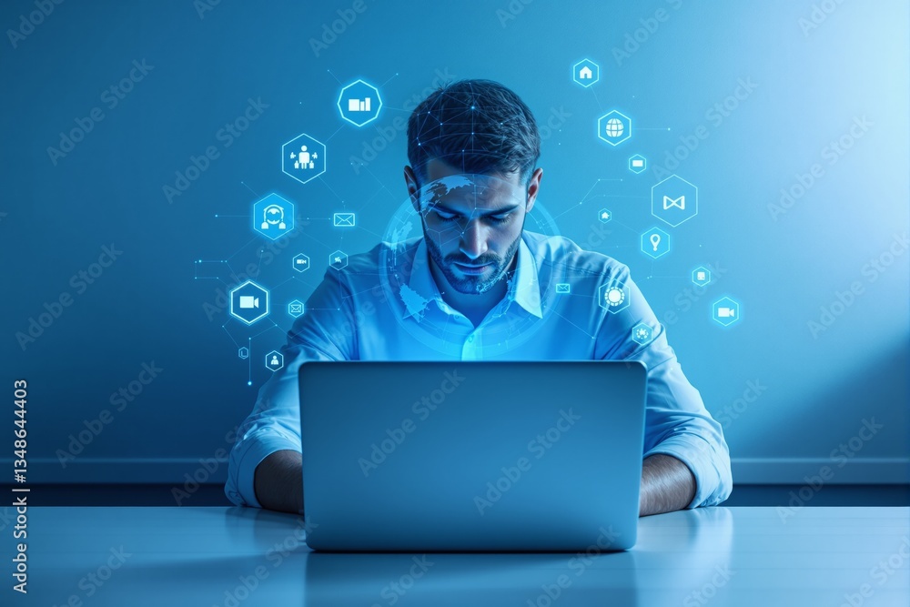 Aufkleber Focused man using laptop with futuristic digital interface and glowing tech icons around him.