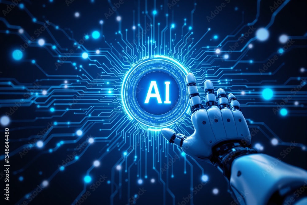 Aufkleber Futuristic robotic hand reaching towards AI glowing interface, symbolizing artificial intelligence and advanced technology.