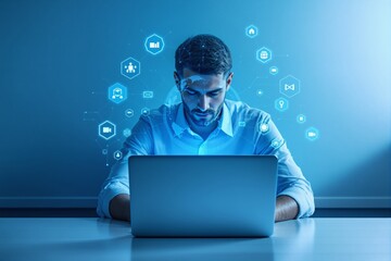 Focused man using laptop with futuristic digital interface and glowing tech icons around him.