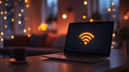 A cozy, dimly lit room features a laptop displaying a Wi-Fi symbol, with warm bokeh lights in the background, creating a relaxing atmosphere.