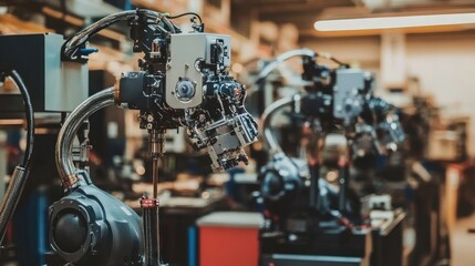 Fototapeta premium An industrial robotics lab with high-tech automated machinery and AI systems.