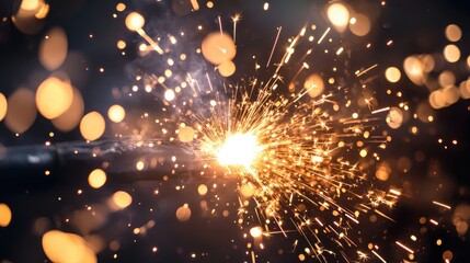 Obraz premium A close-up of an industrial welding process with bright sparks flying.