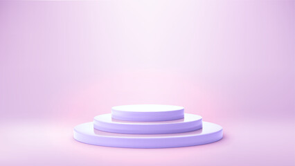 3d violet product podium on purple table background. Studio scene display with platform step pedestal for sale template, presentation, mockup. Abstract realistic vector illustration.
