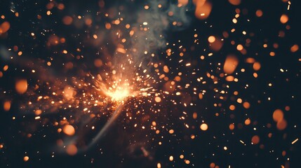 A close-up of an industrial welding process with bright sparks flying.