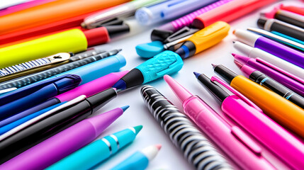 Fototapeta premium Diverse Multicolored Pens and Markers Spread across a White Background Surface