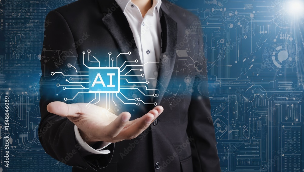Poster ai future in hand: a suited professional presents a glowing ai circuit board in their open palm agai