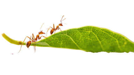 Weaver ants walking on green leaf with transparent background