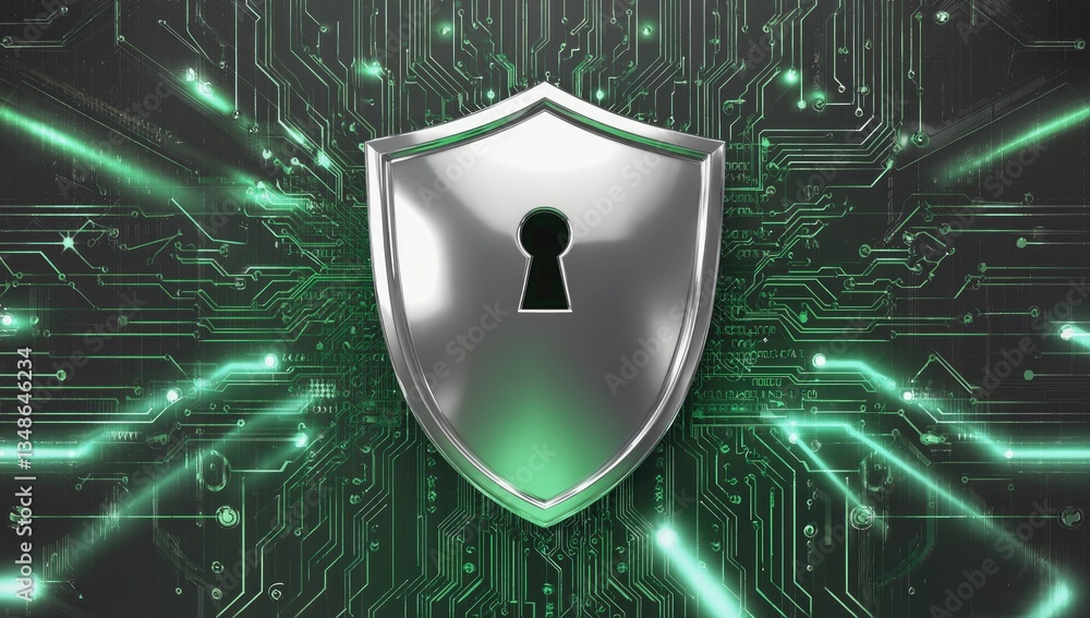 Poster digital fortress: a gleaming shield with a keyhole dominates, symbolizing robust protection against 