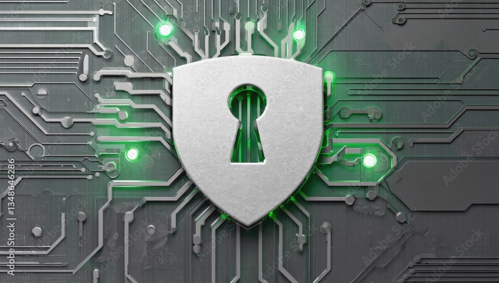 Aufkleber digital security shield: a sleek, modern shield icon with a keyhole at its center, integrated into a