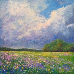 Springtime rain showers over meadows 