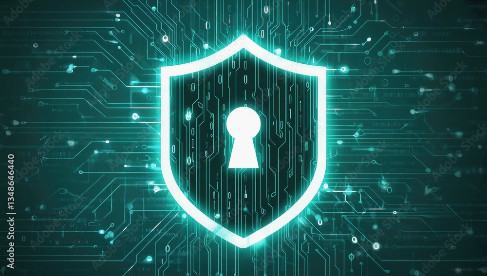 Aufkleber digital shield: a glowing digital shield with a keyhole at its center, set against a backdrop of int