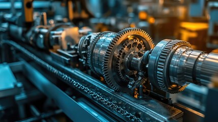 Fototapeta premium A close-up of mechanical gears and metal chains inside an industrial machine.