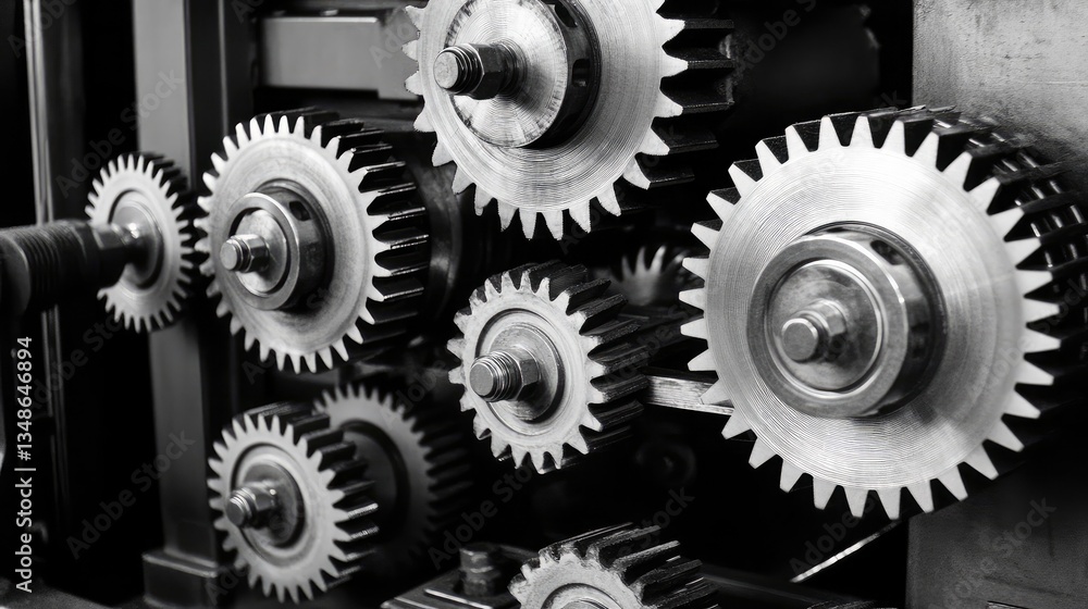 Poster a close-up of spinning gears and mechanical components in a heavy machine.