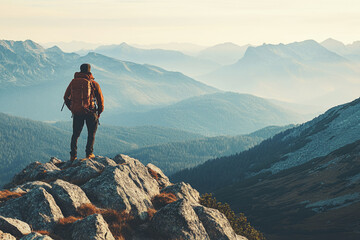 Hiker standing on a mountain peak admiring the scenic misty valley view